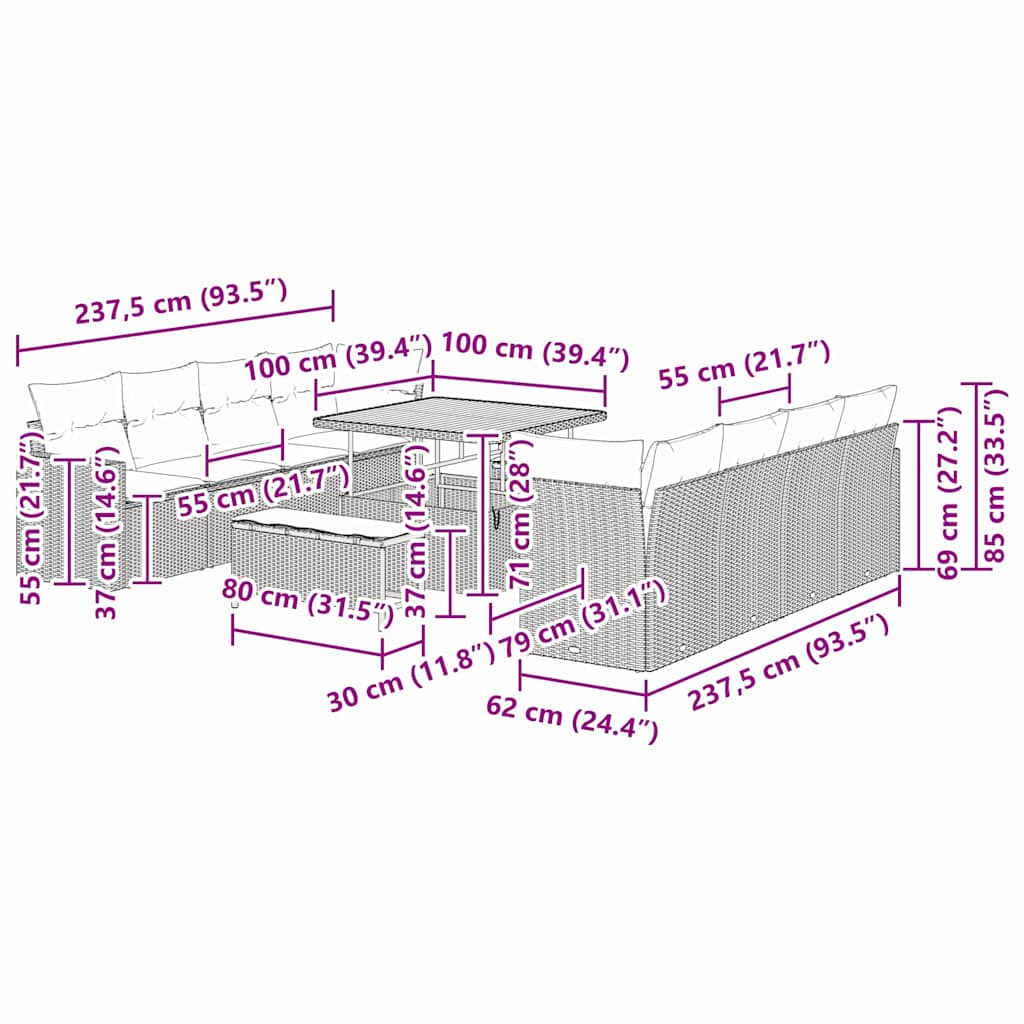 Gartensofa-set 11 pcs Beige Poly-Rattan