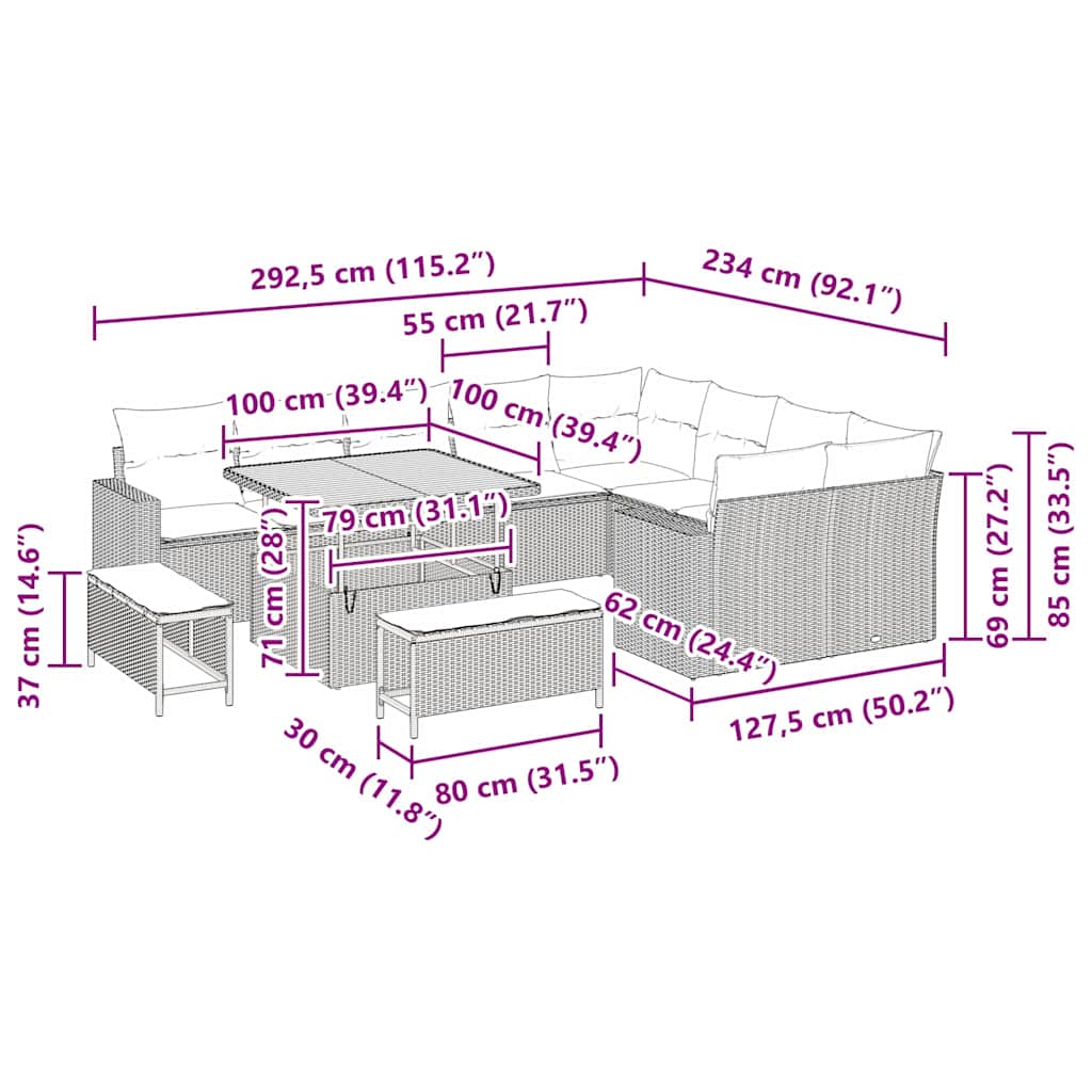 Gartensofa-set 12 pcs Grau Poly-Rattan