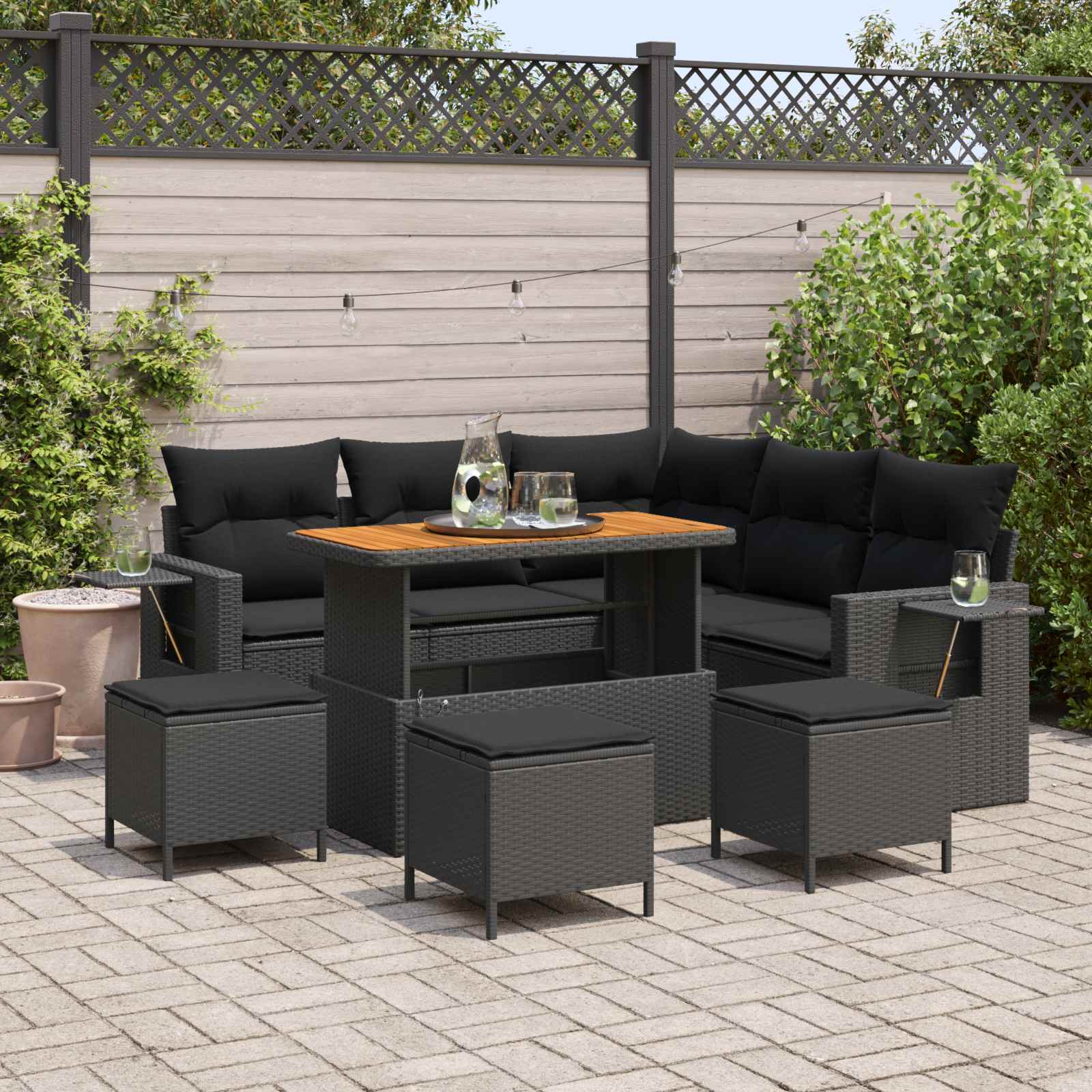 Gartensofa-set mit Kissen 9 pcs Schwarz Poly-Rattan