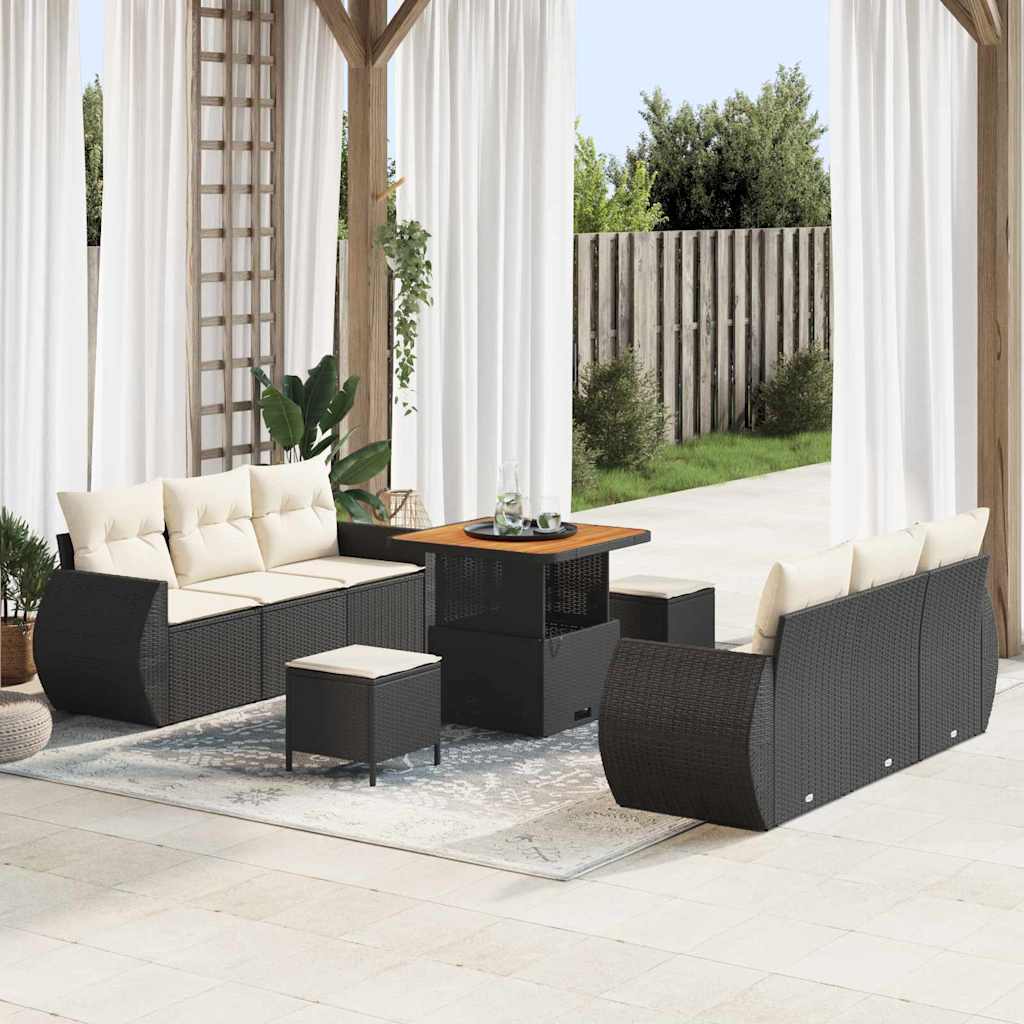 Gartensofa-set mit Kissen 9 pcs Schwarz Poly-Rattan
