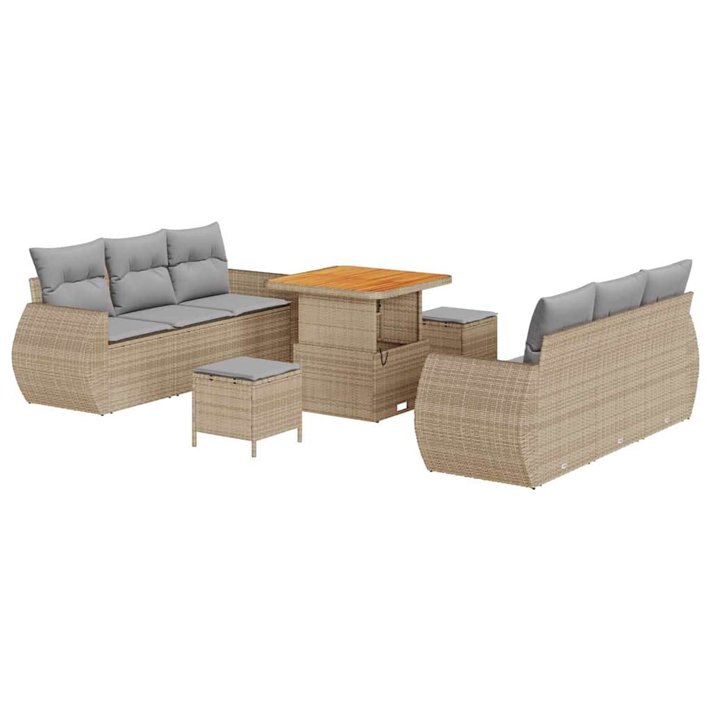 Gartensofa-set mit Kissen mit Speicher 9 pcs Beige Poly-Rattan