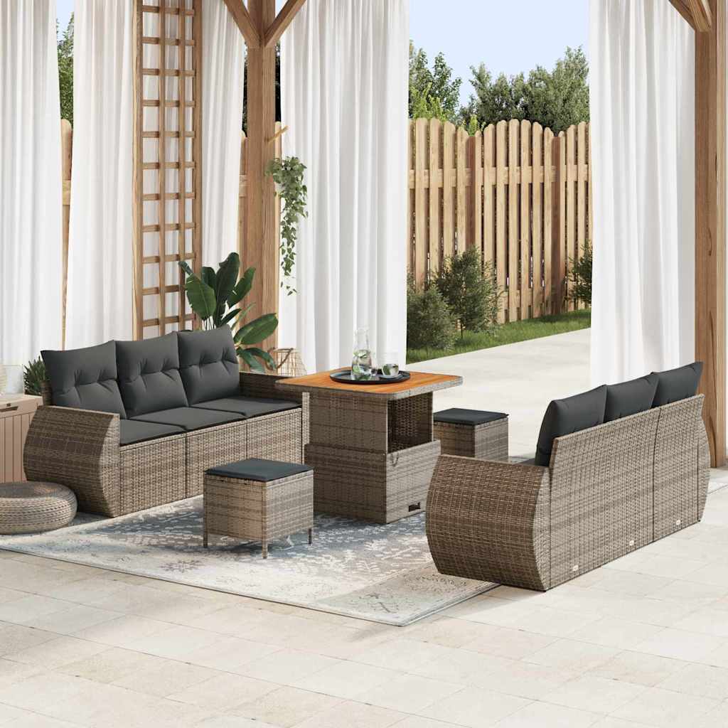 Gartensofa-set mit Kissen mit Speicher 9 pcs Grau Poly-Rattan