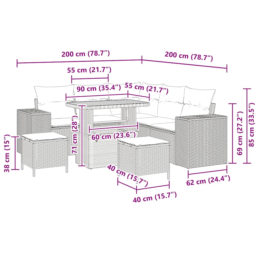 Gartensofa-set mit Kissen 8 pcs Grau Poly-Rattan