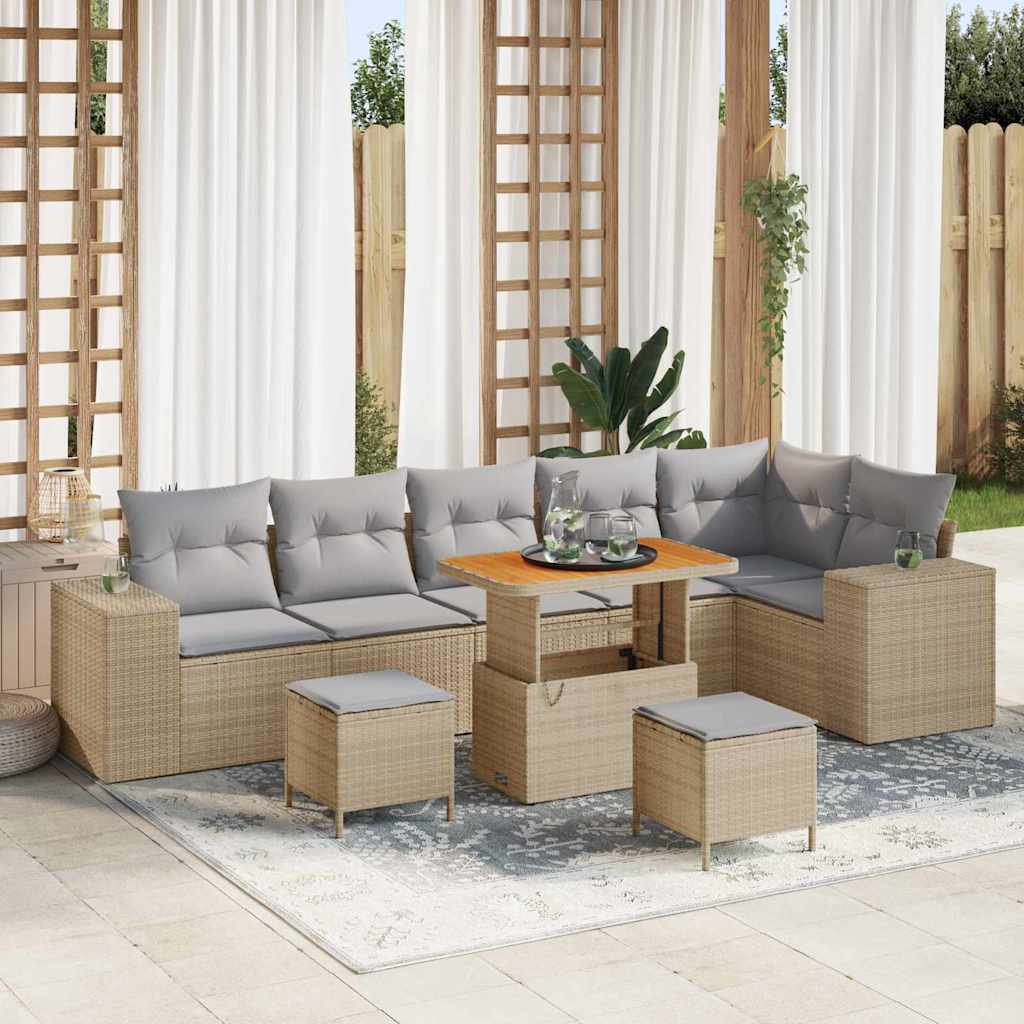 Gartensofa-set mit Kissen 9 pcs Beige Poly-Rattan