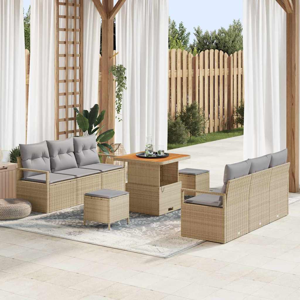 Gartensofa-set mit Kissen 9 pcs Beige Poly-Rattan