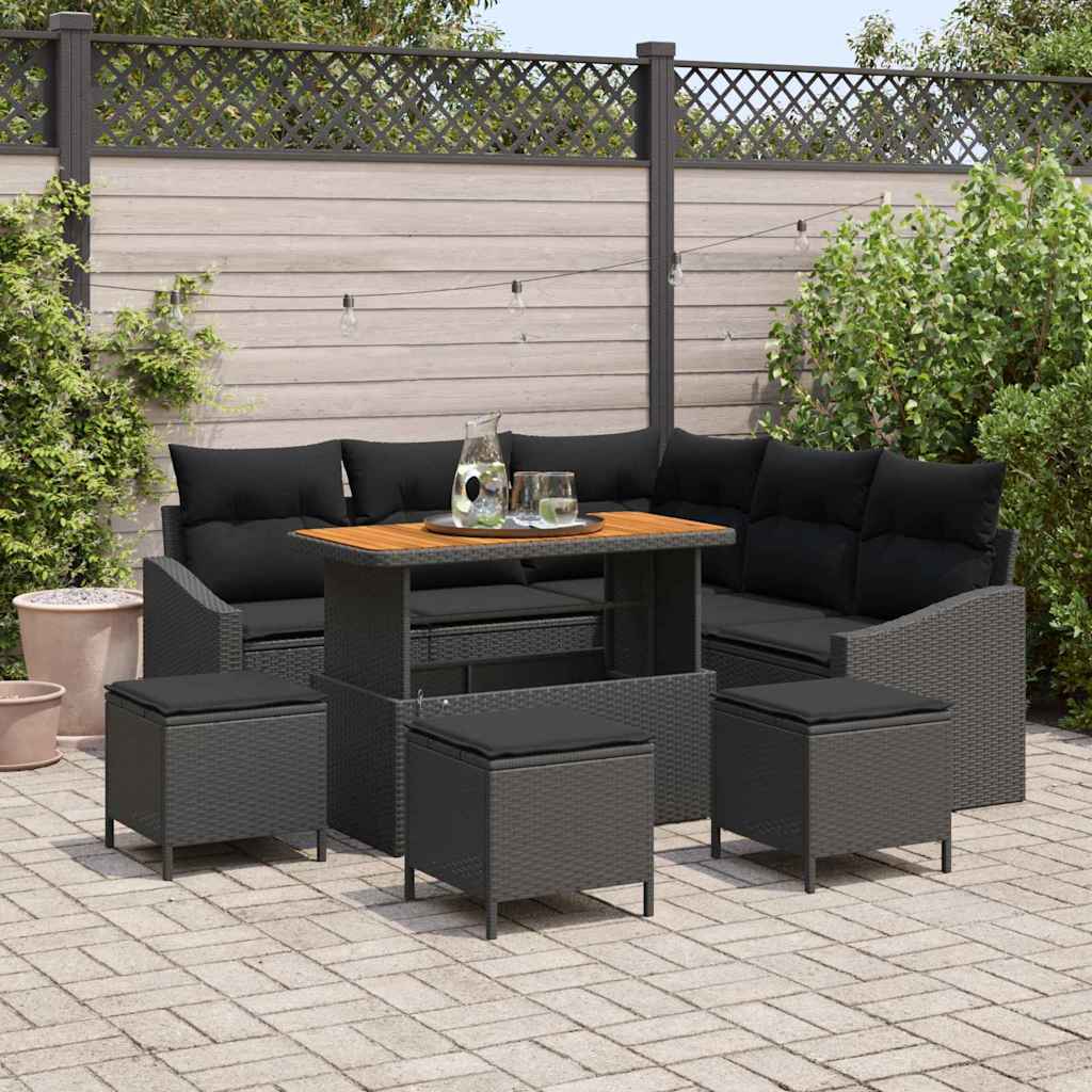 Gartensofa-set mit Kissen 9 pcs Schwarz Poly-Rattan