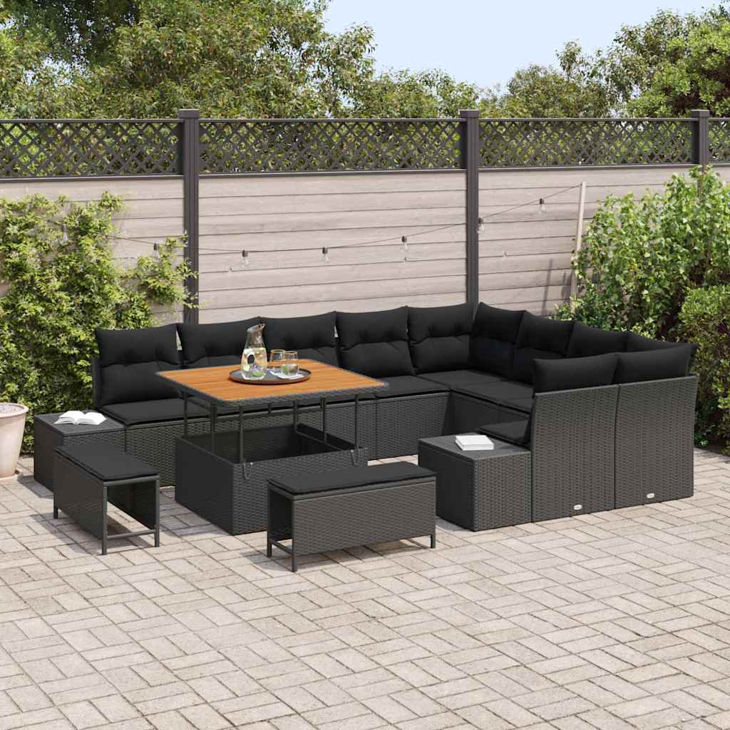 Gartensofa-set mit Kissen 12 pcs Schwarz Poly-Rattan