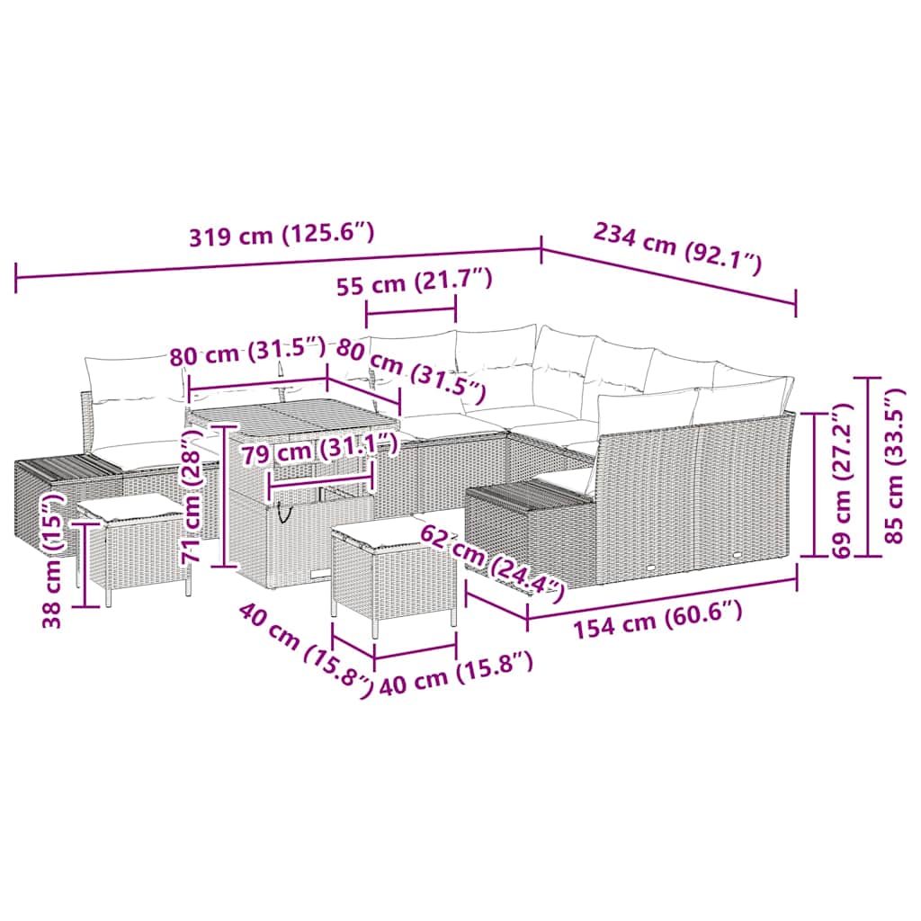 Gartensofa-set mit Kissen 12 pcs Grau Poly-Rattan