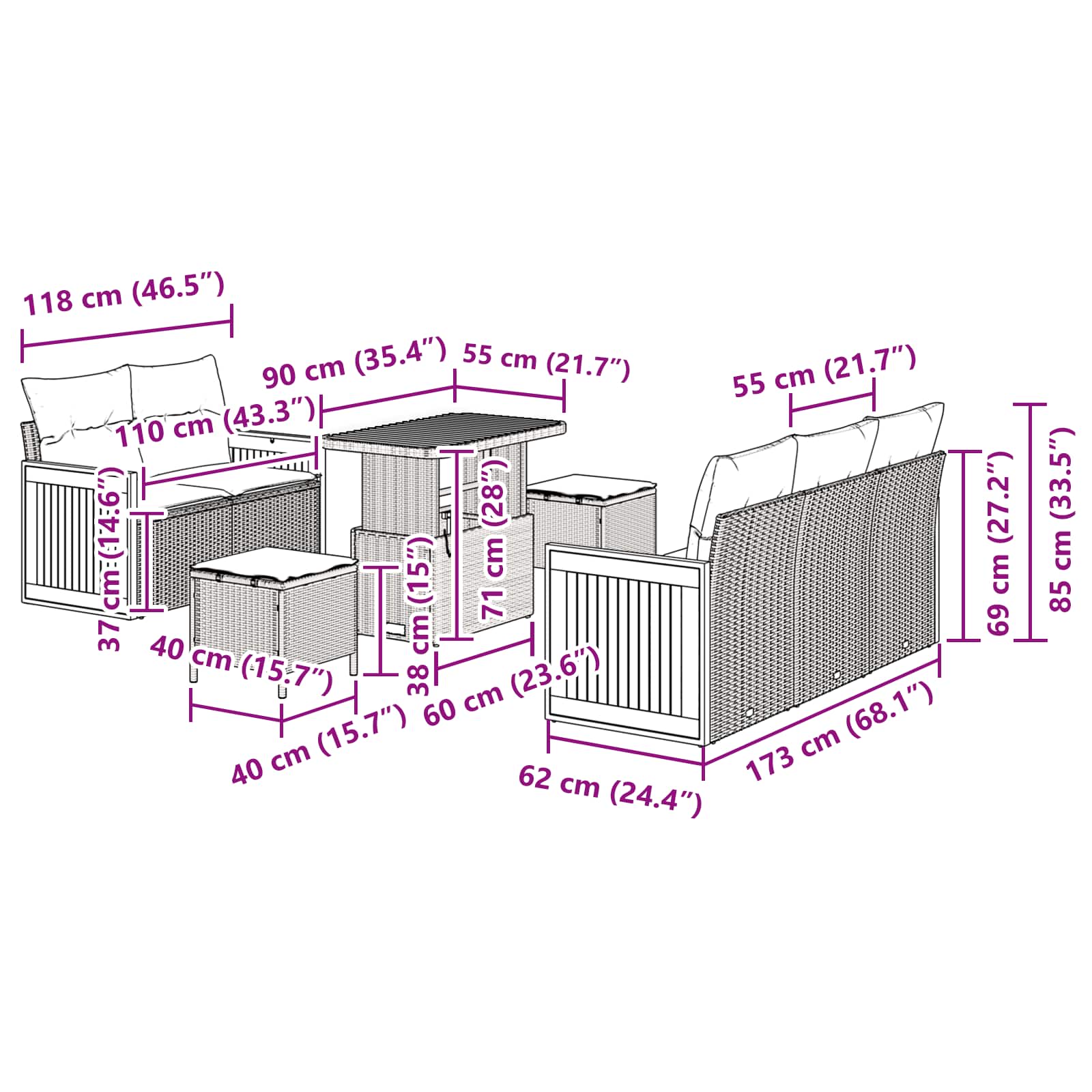 Gartensofa-set mit Kissen 8 pcs Schwarz