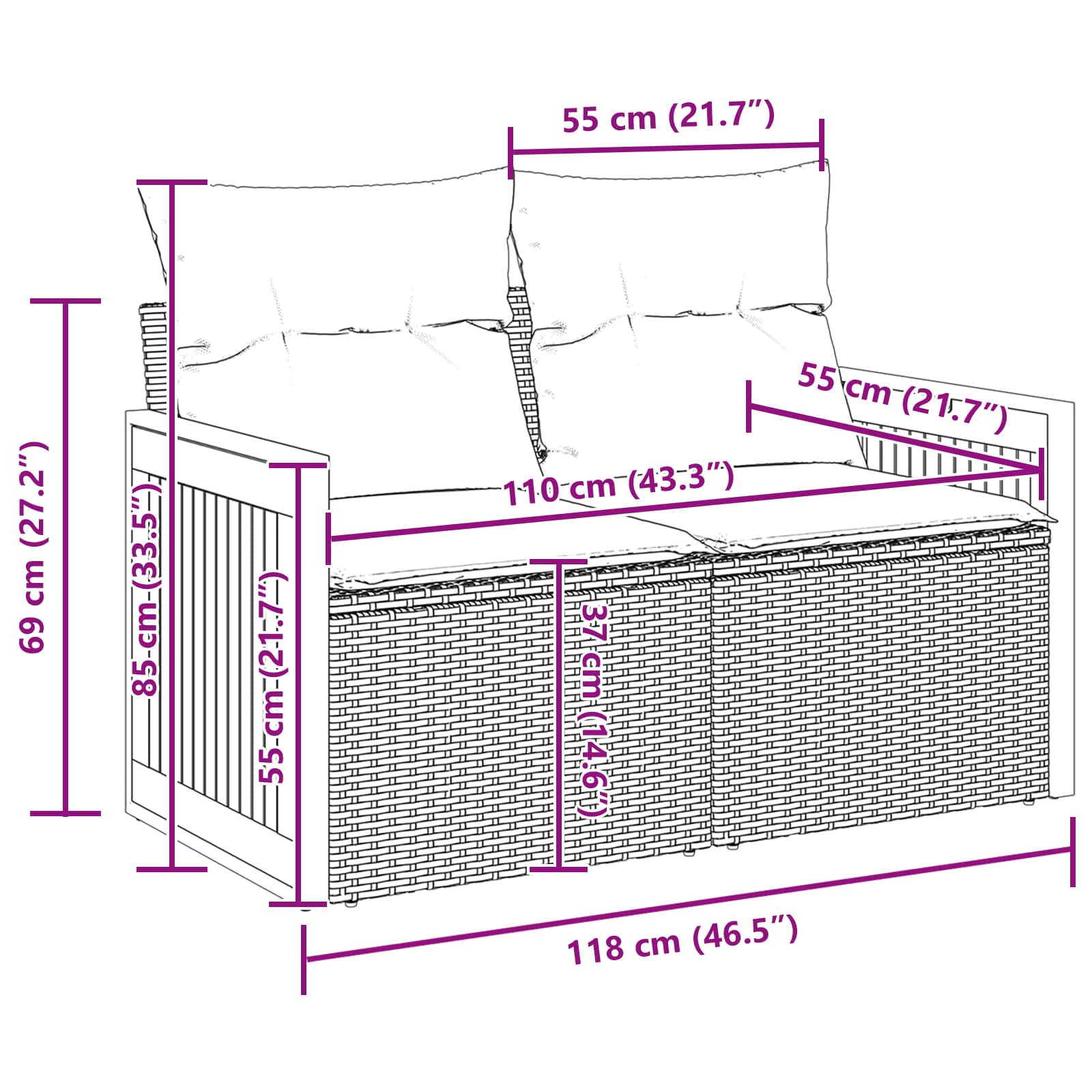 Gartensofa-set mit Kissen 9 pcs Schwarz