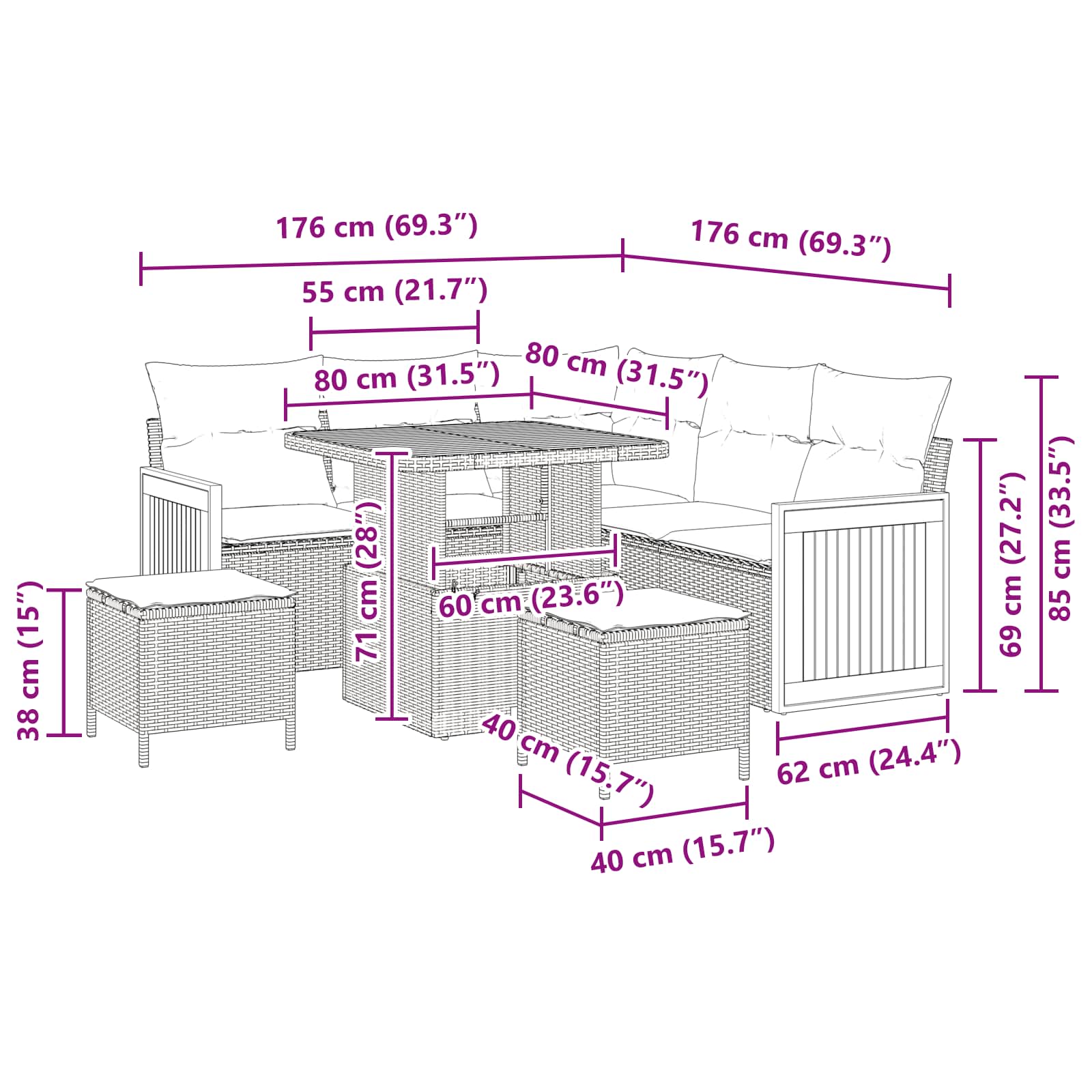 Gartensofa-set mit Kissen 8 pcs Schwarz und Creme