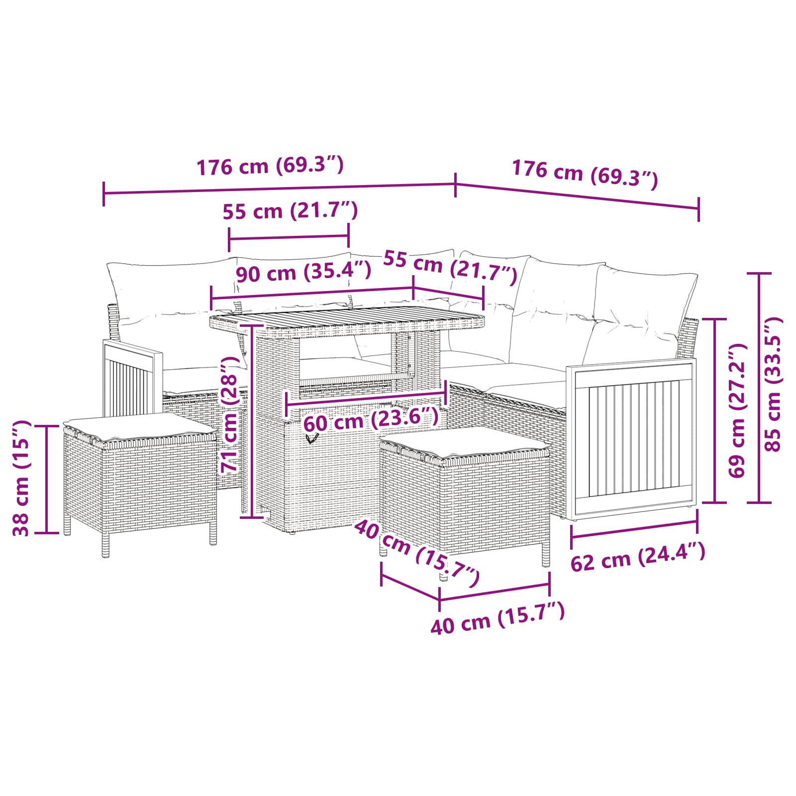 Gartensofa-set mit Kissen 8 pcs Beige und Hellgrau