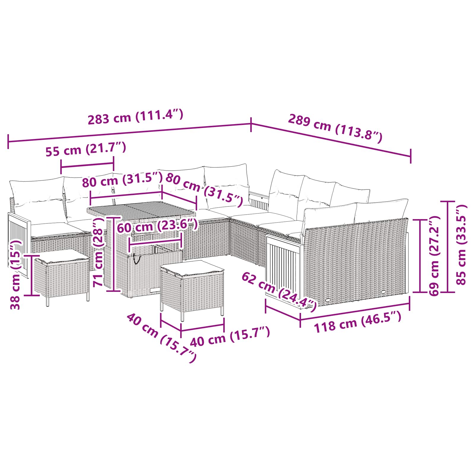 Gartensofa-set mit Kissen 13 pcs Beige und Hellgrau