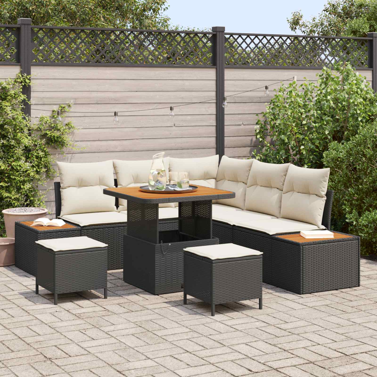 Gartensofa-set mit Kissen 8 pcs Schwarz und Creme