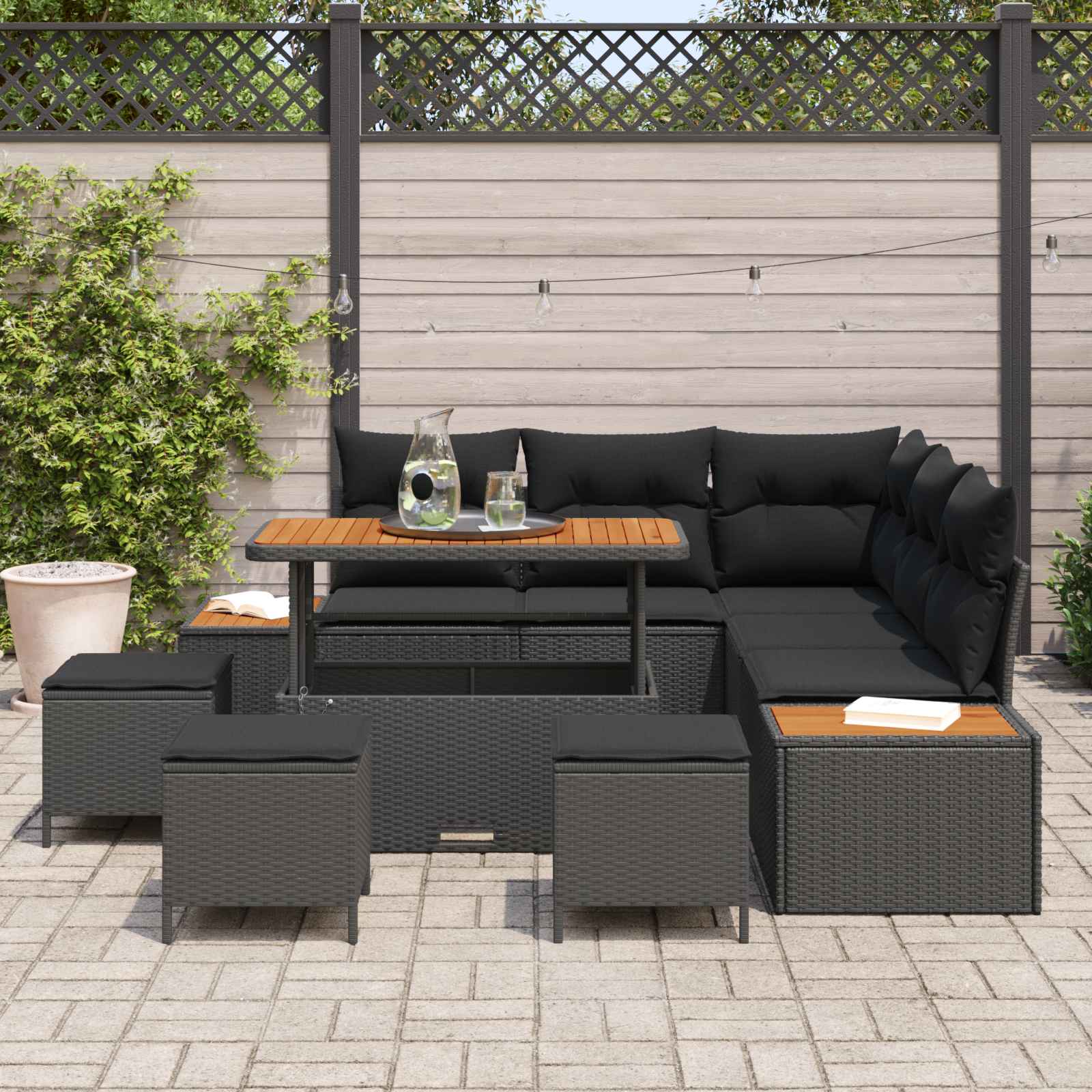 Gartensofa-set mit Kissen 9 pcs Schwarz