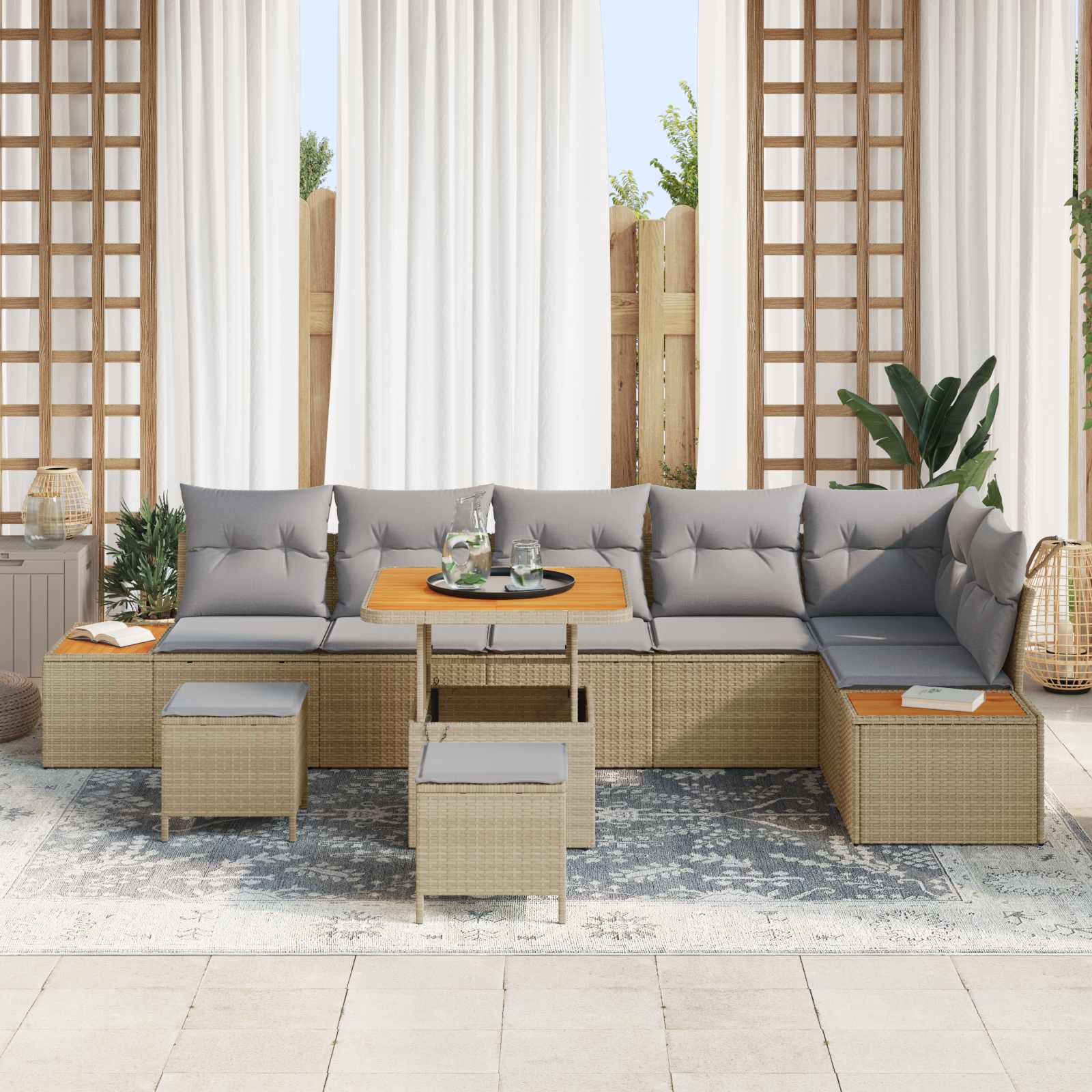Gartensofa-set mit Kissen 9 pcs Beige und Hellgrau