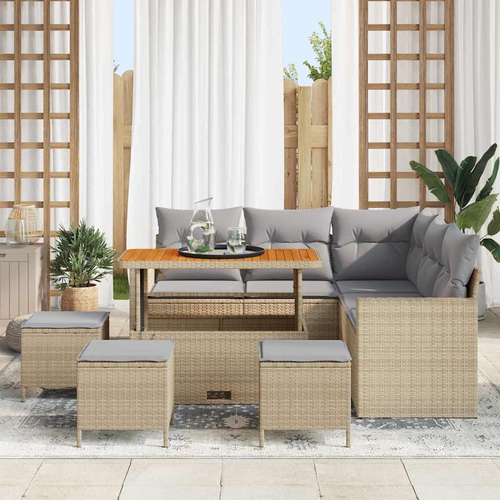 Gartensofa-set mit Kissen 10 pcs Beige und Hellgrau Poly-Rattan