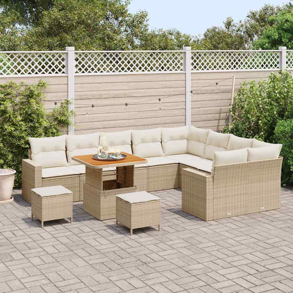 Gartensofa-set mit Kissen 13 pcs Beige und Creme Poly-Rattan
