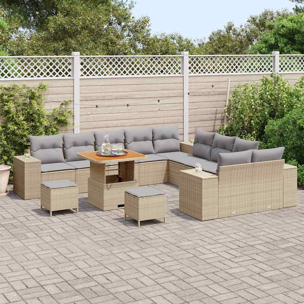 Gartensofa-set mit Kissen 13 pcs Beige und Hellgrau Poly-Rattan
