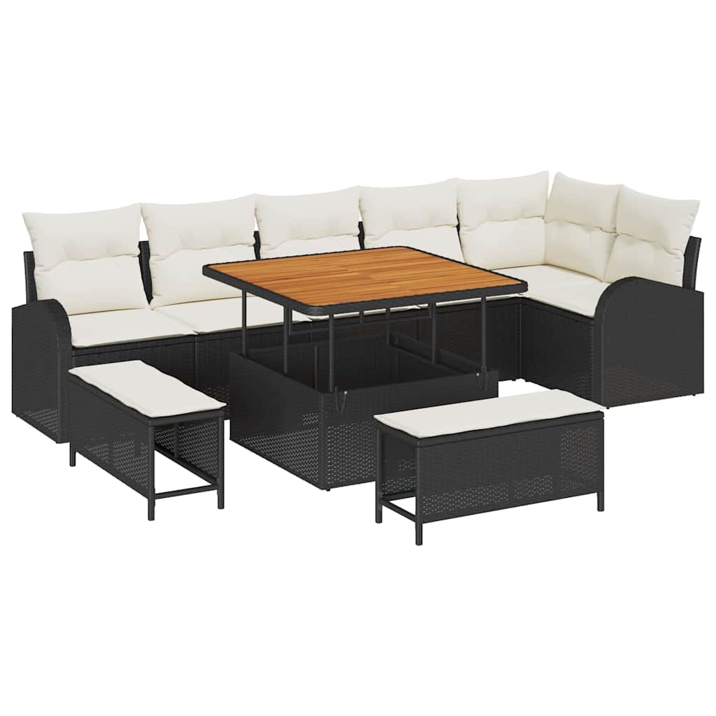 Garten-Sofa-Set mit Kissen mit Speicher 9 pcs Schwarz und Creme