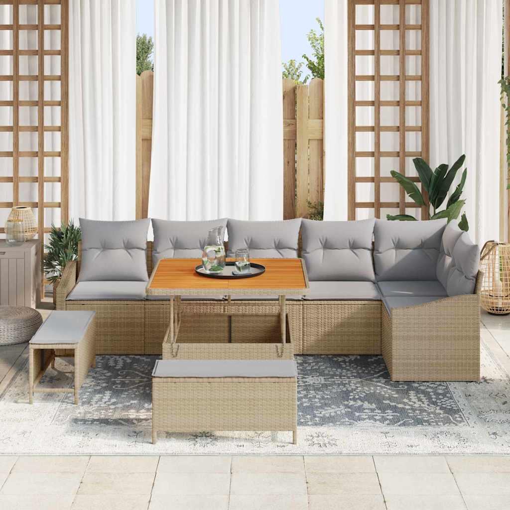 Gartensofa-set mit Kissen mit Speicher 9 pcs Beige Poly Rattan