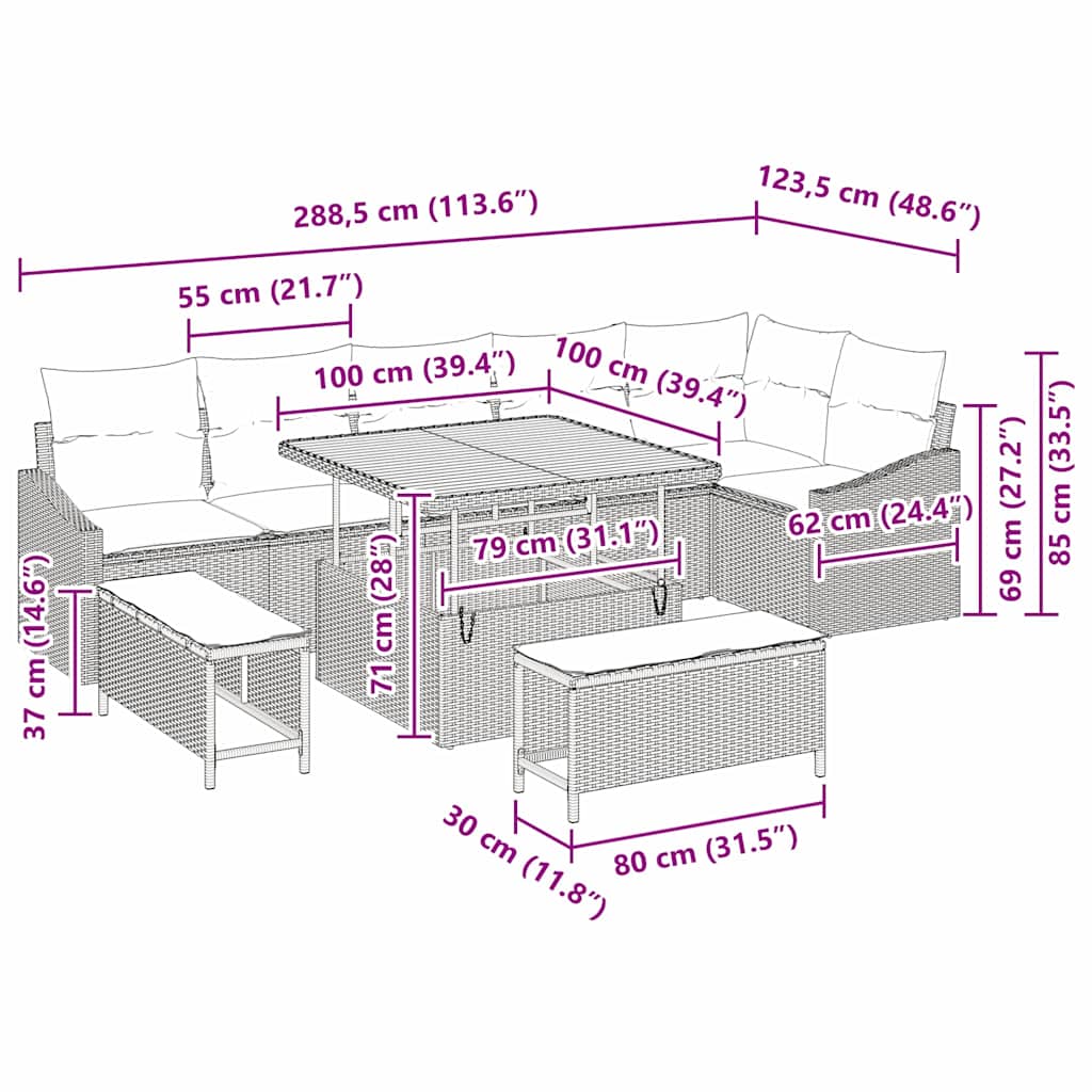 Gartensofa-set mit Kissen mit Speicher 9 pcs Beige Poly Rattan