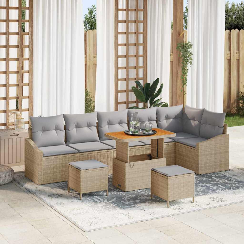 Gartensofa-set mit Kissen mit Speicher 9 pcs Beige Poly Rattan