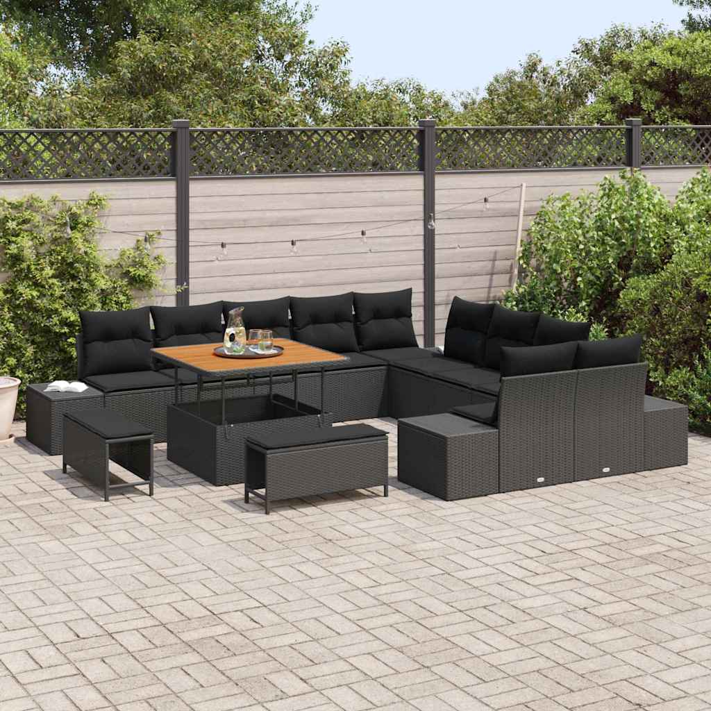 Gartensofa-set mit Kissen 13 pcs Schwarz Poly Rattan