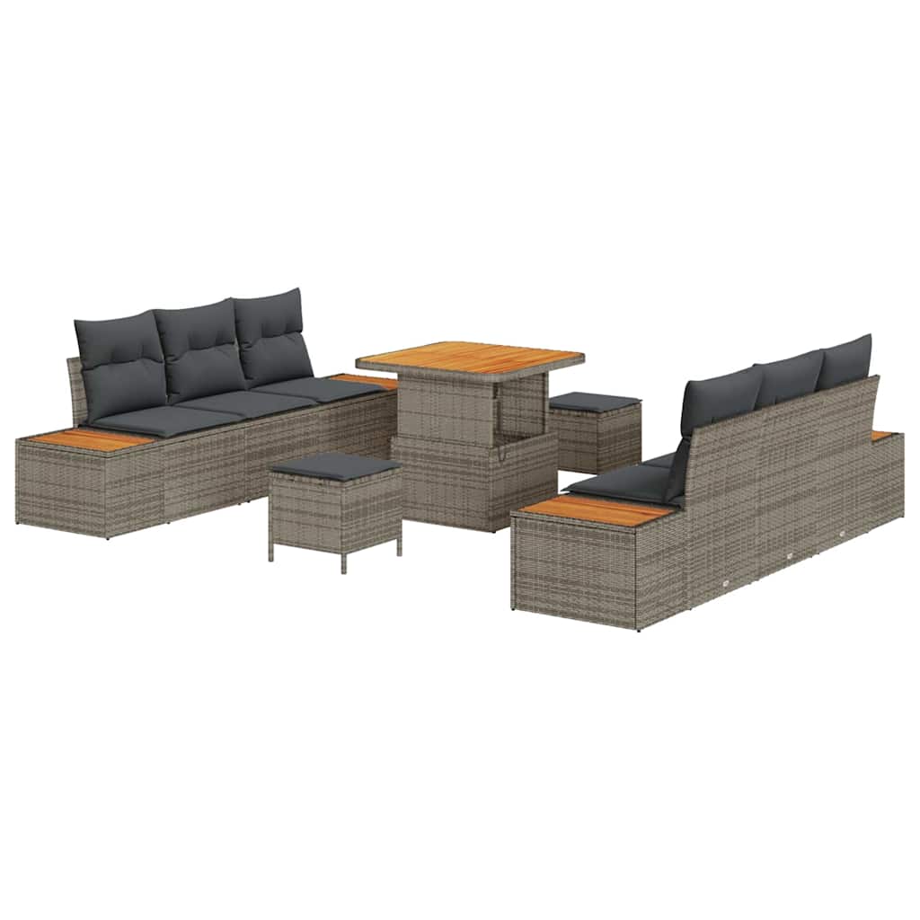 Gartensofa-set mit Kissen mit Speicher 9 pcs Grau Poly Rattan