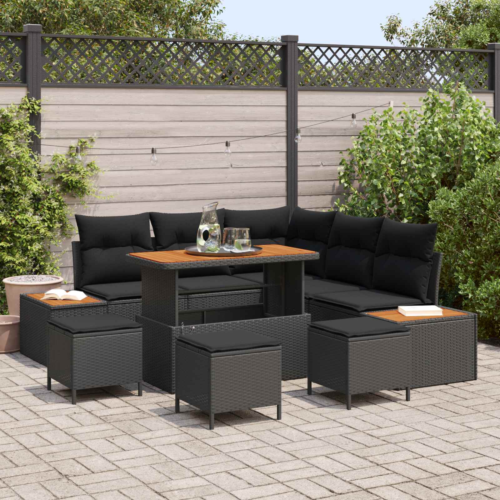 Gartensofa-set mit Kissen 9 pcs Schwarz Poly Rattan
