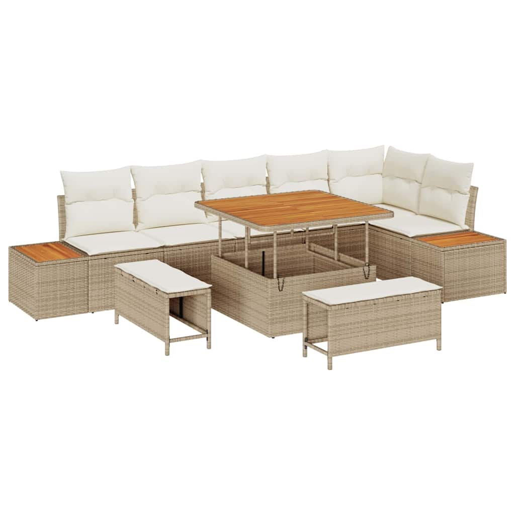 Gartensofa-set mit Kissen mit Speicher 9 pcs Beige Poly Rattan