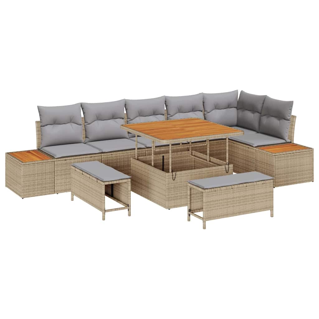 Gartensofa-set mit Kissen mit Speicher 9 pcs Beige Poly Rattan