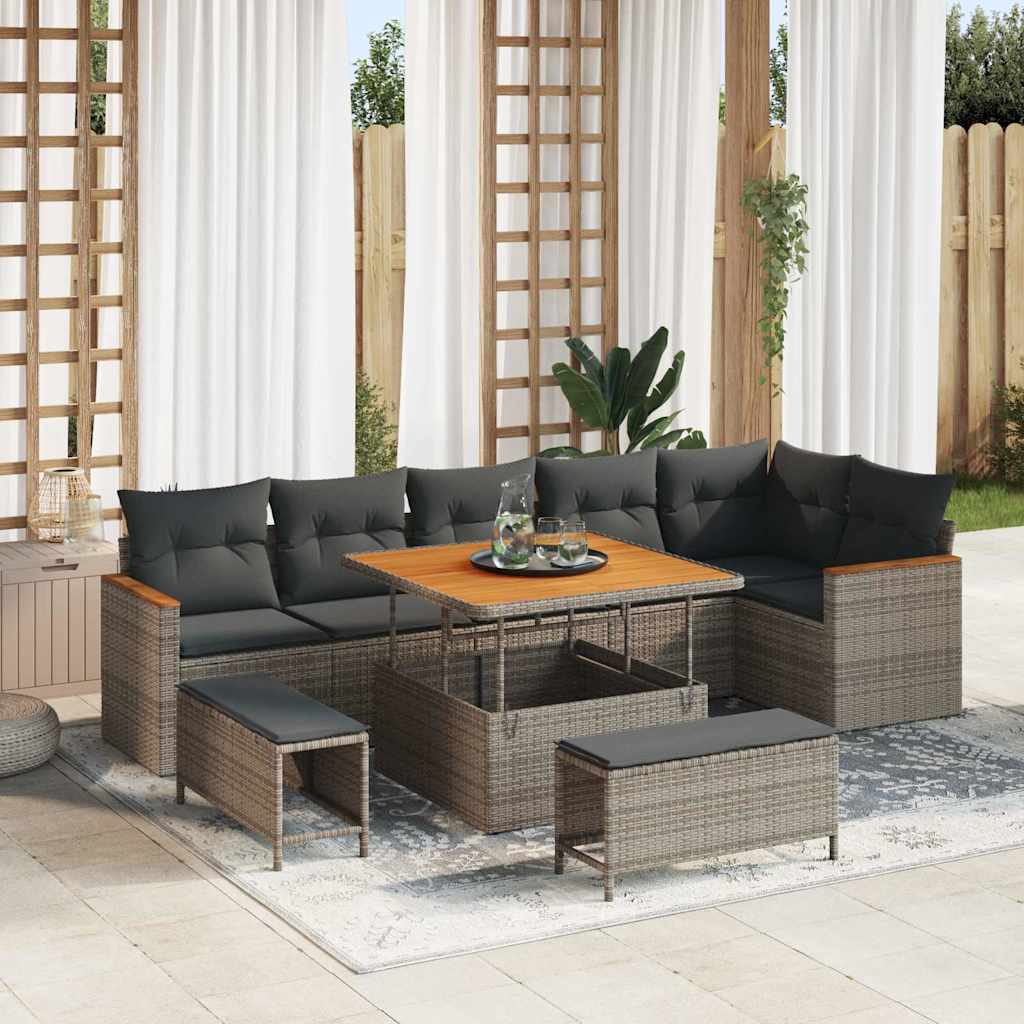 Gartensofa-set mit Kissen 9 pcs Grau Poly Rattan