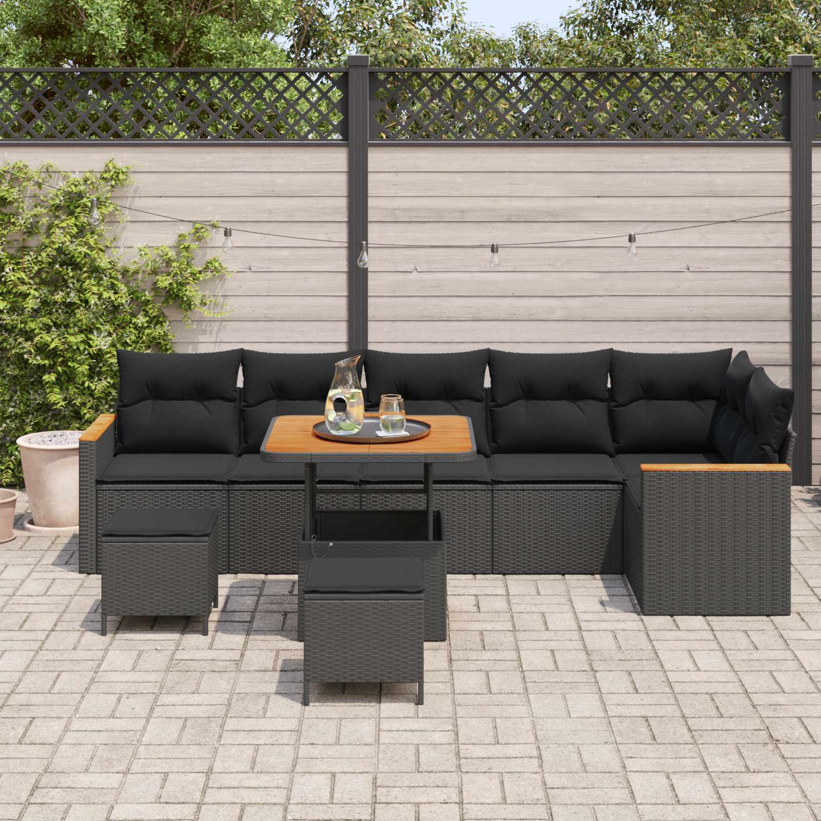 Gartensofa-set mit Kissen 9 pcs Schwarz Poly Rattan