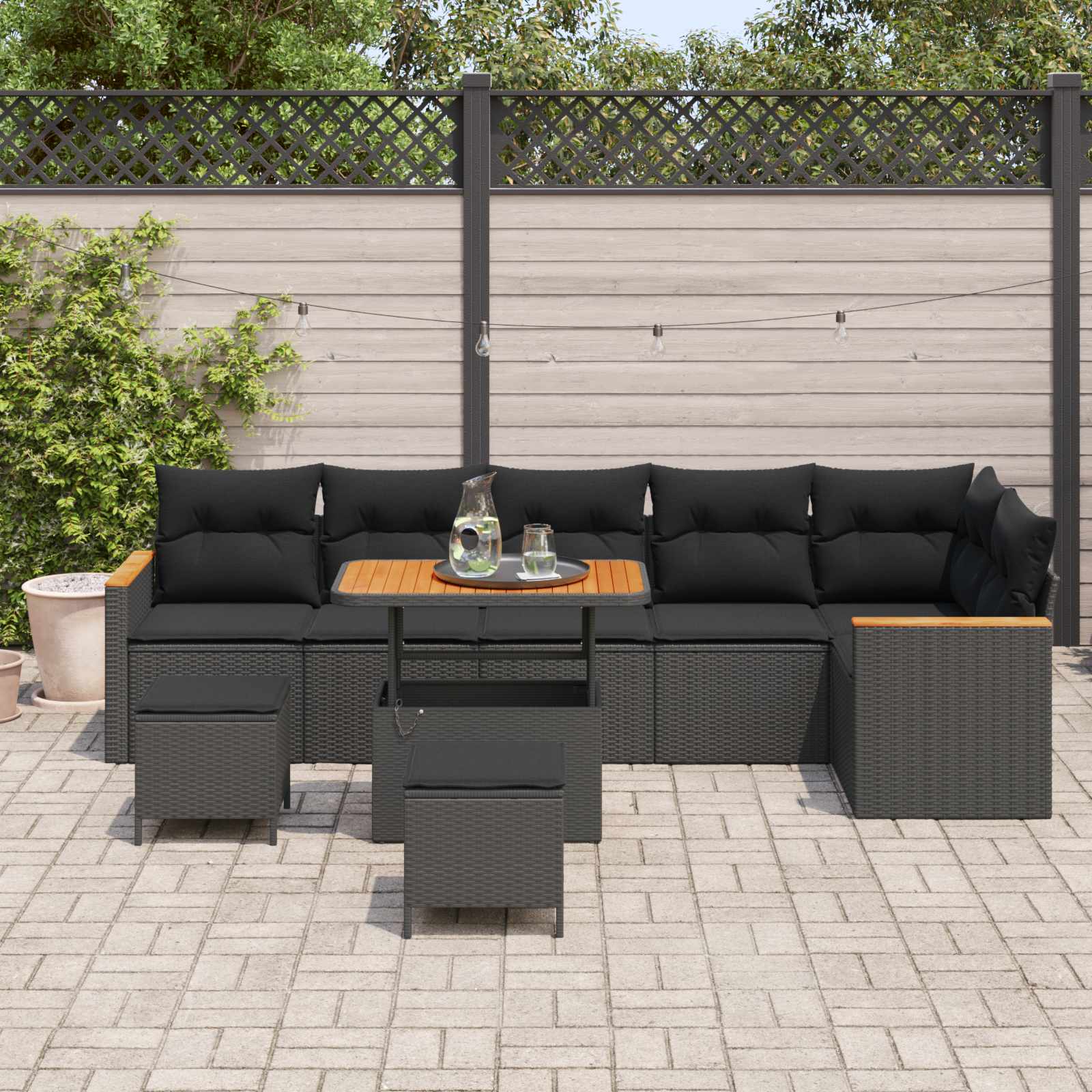Garten-Sofa-Set mit Kissen mit Speicher Schwarz Poly Rattan