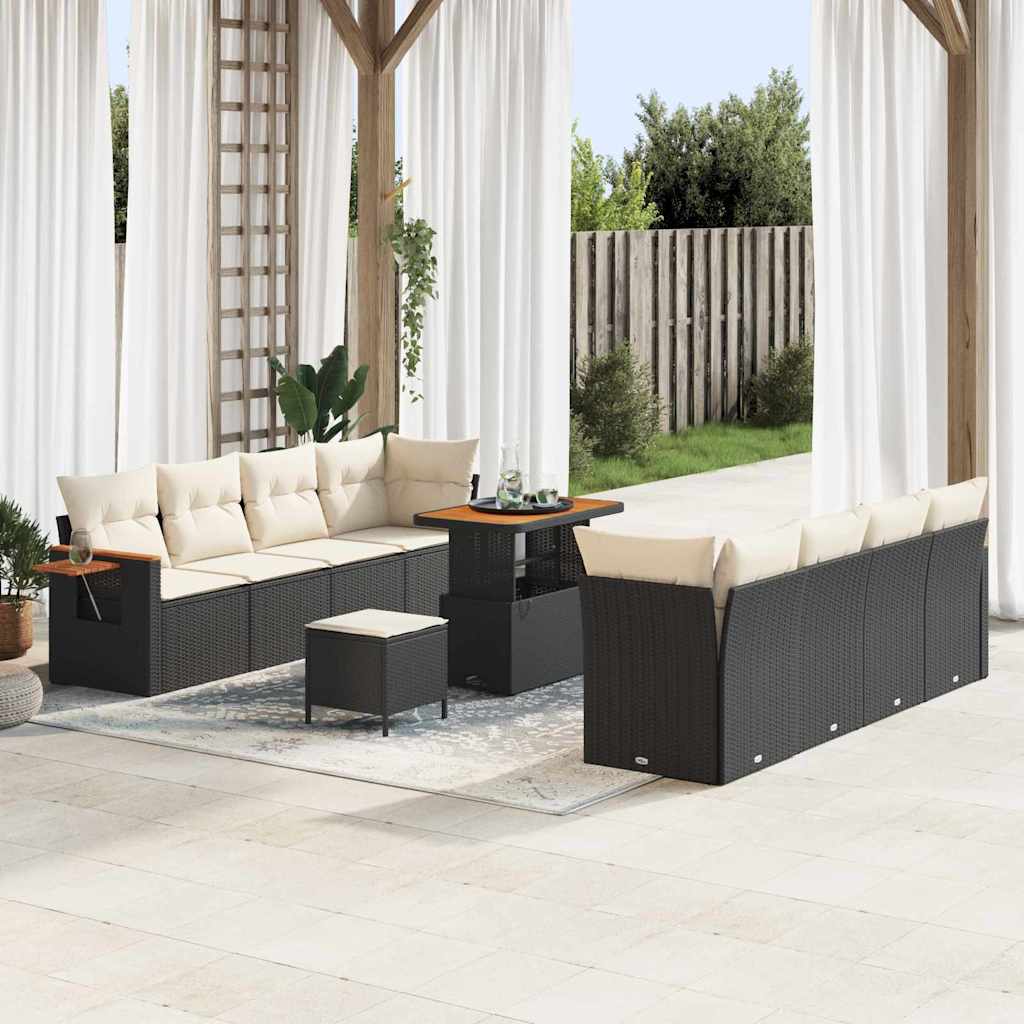 Gartensofa-set mit Kissen 12 pcs Schwarz und Creme Poly-Rattan