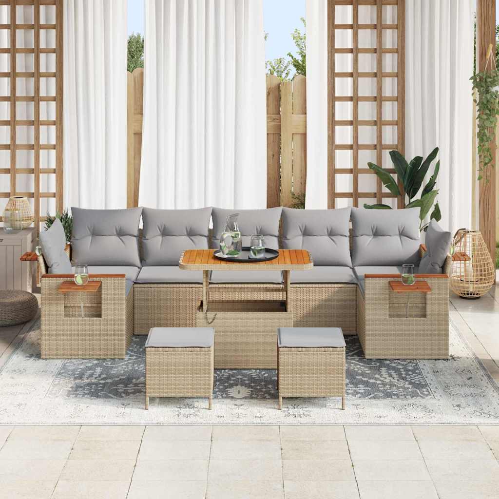 Gartensofa-set mit Kissen 13 pcs Beige und Hellgrau Poly-Rattan