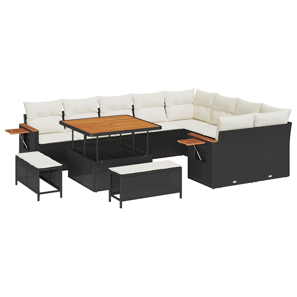 Gartensofa-set mit Kissen 13 pcs Schwarz und Creme Poly-Rattan