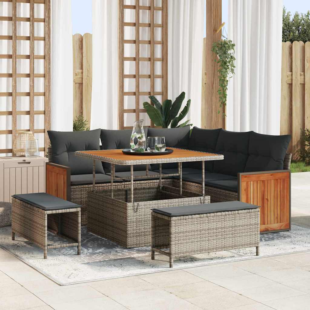 Gartensofa-set mit Kissen 9 pcs Grau Poly-Rattan