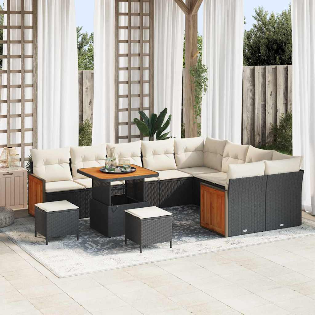 Gartensofa-set mit Kissen 13 pcs Schwarz und Creme Poly-Rattan