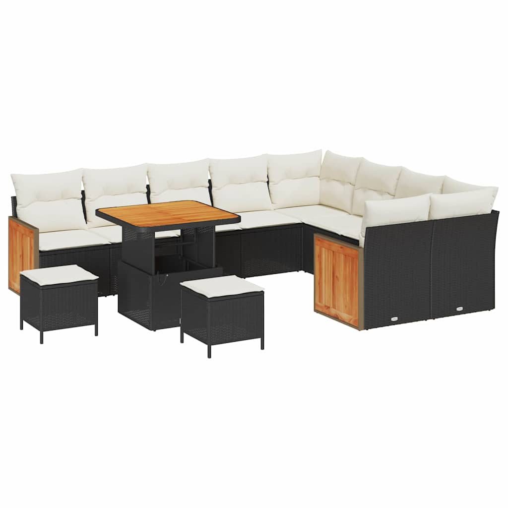 Gartensofa-set mit Kissen 13 pcs Schwarz und Creme Poly-Rattan
