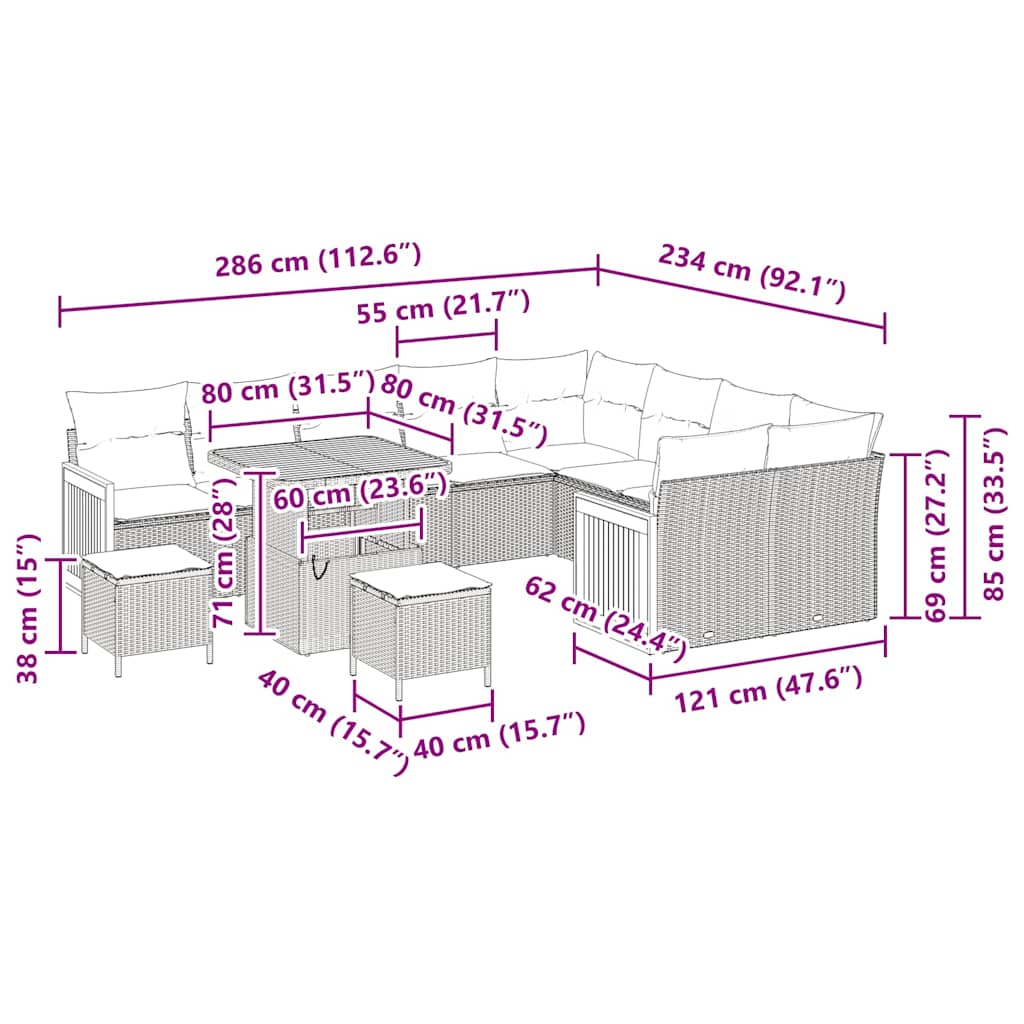 Gartensofa-set mit Kissen 13 pcs Beige und Creme Poly-Rattan