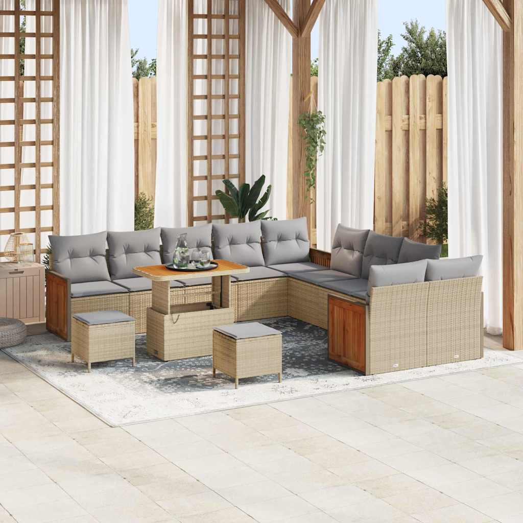 Gartensofa-set mit Kissen 17 pcs Beige und Hellgrau Poly-Rattan