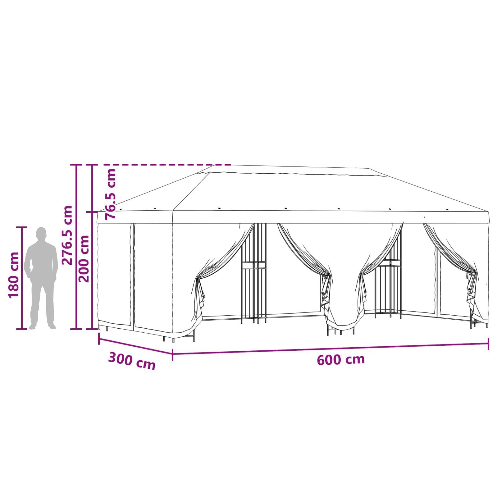 Pavillon mit Seitenwänden 6 x 3 m Bordeauxrot