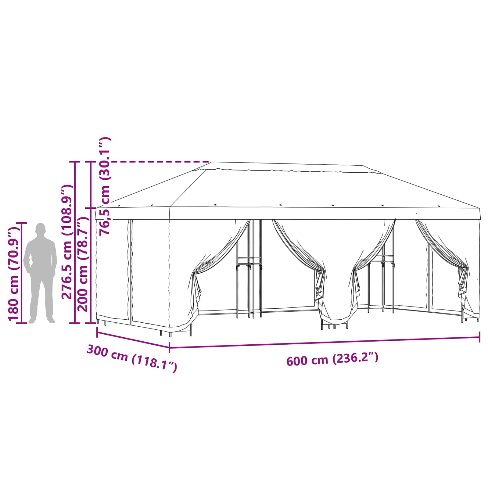 Pavillon mit Seitenwänden 6 x 3 m Orange Polyester und Stahl