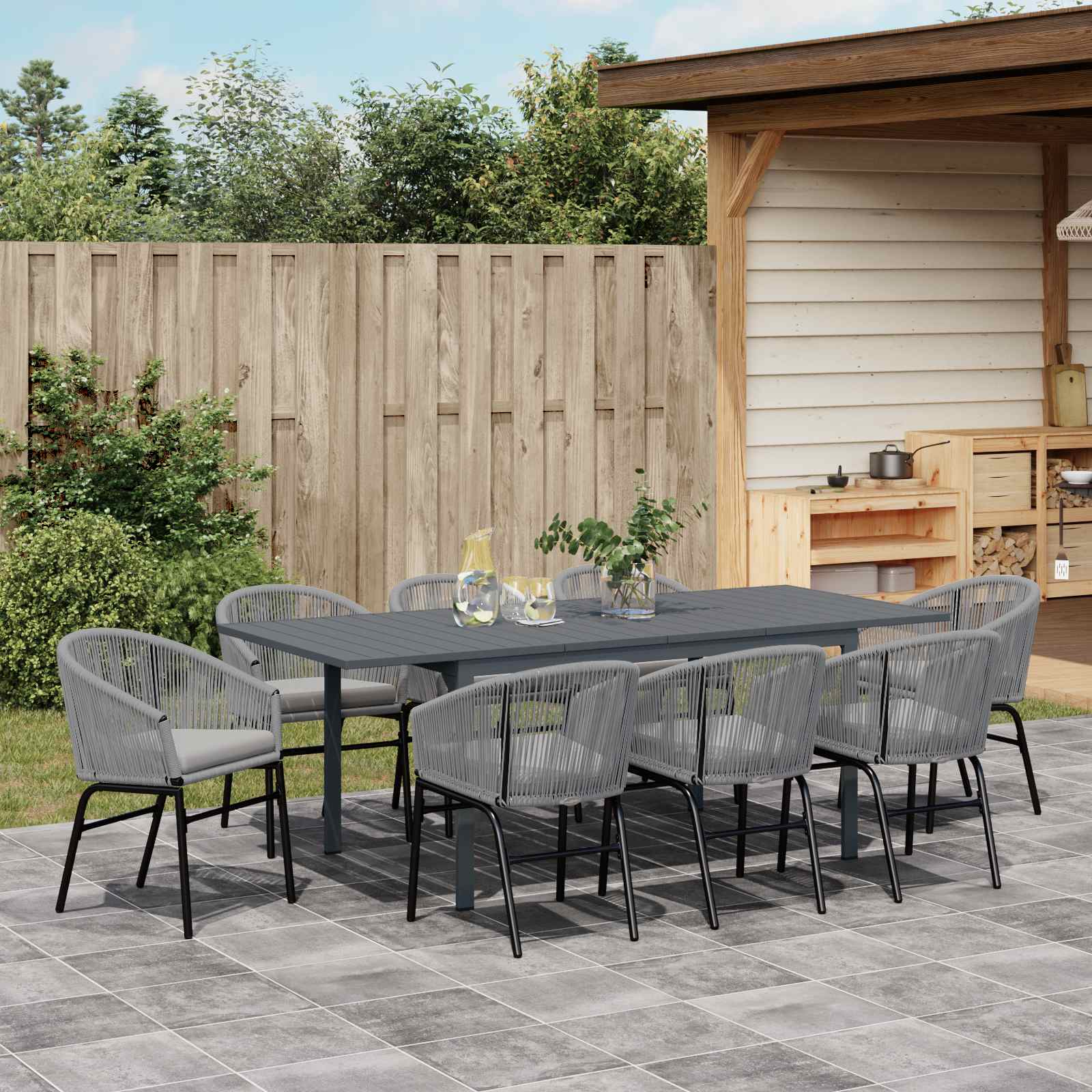 Garten Essgruppe 9 pcs Grau Poly-Rattan