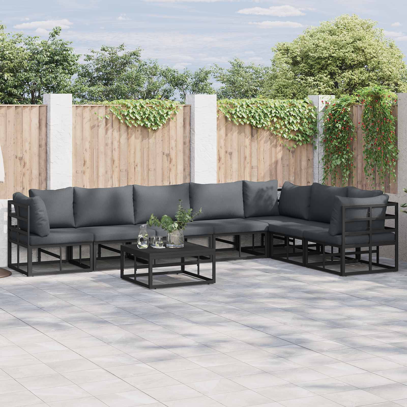 Gartensofa-set mit Kissen 7 pcs Schwarz Aluminium
