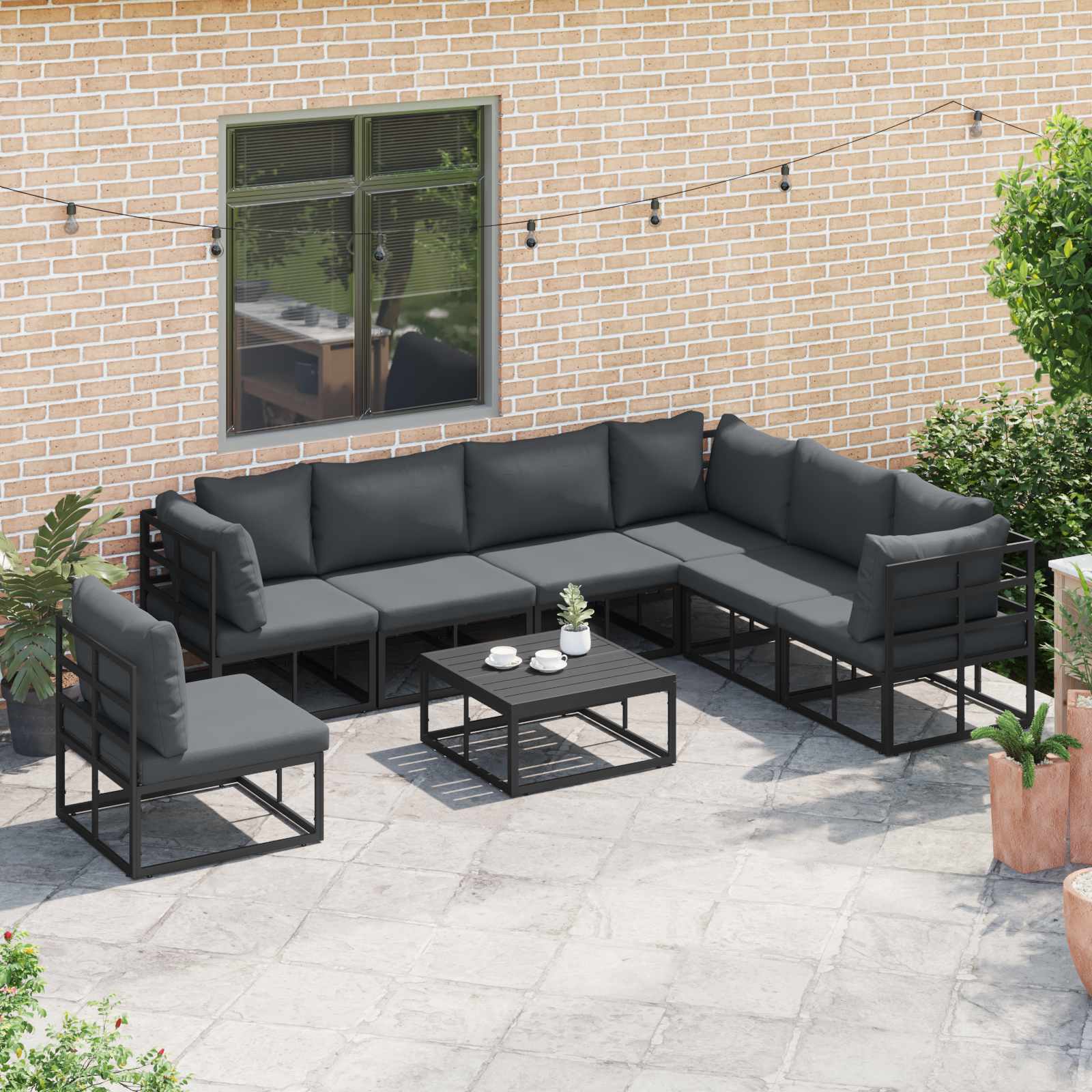 Gartensofa-set mit Kissen 7 pcs Schwarz Aluminium