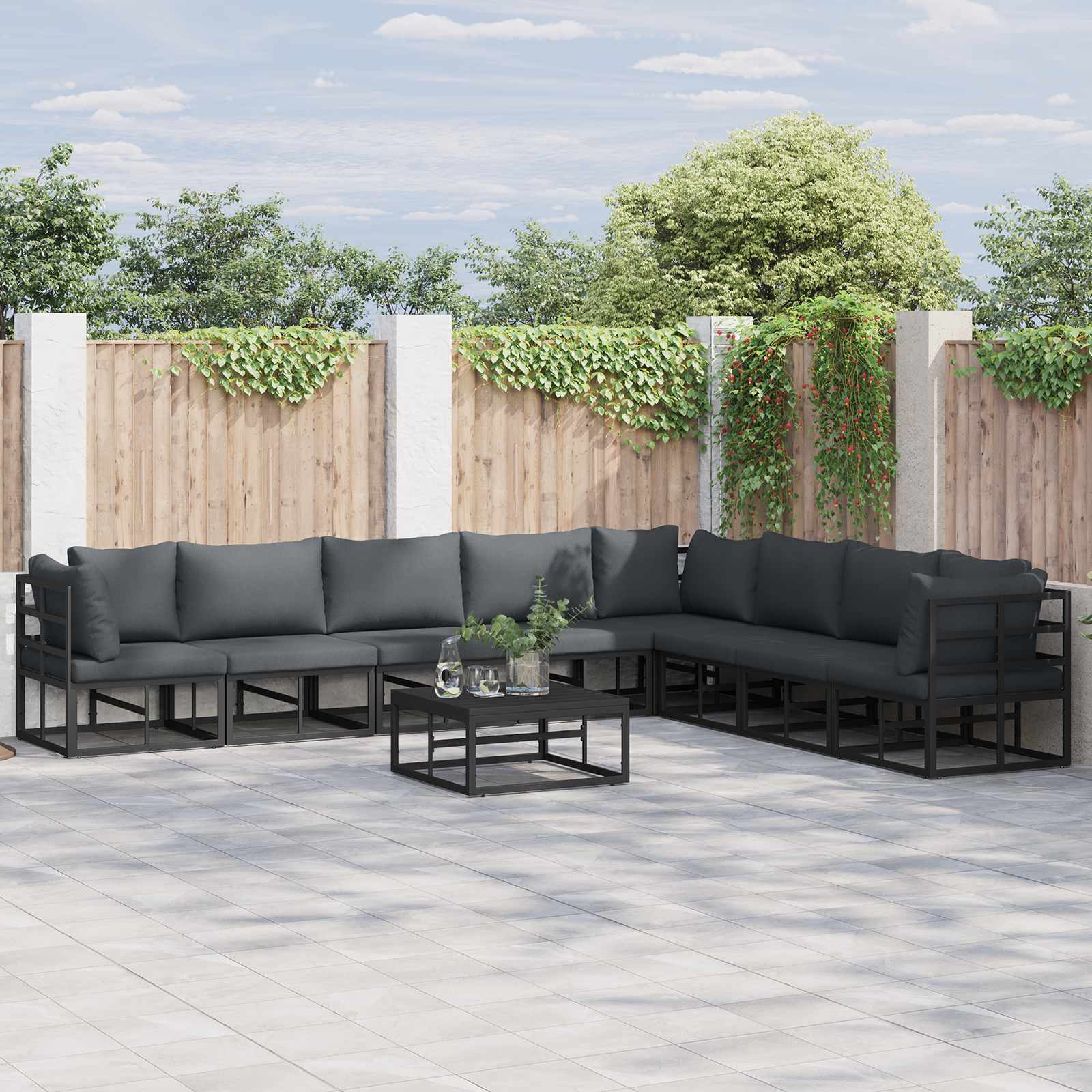Gartensofa-set mit Kissen 9 pcs Schwarz Aluminium