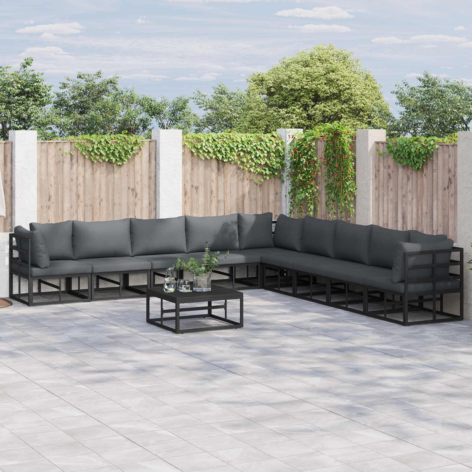 Gartensofa-set mit Kissen 9 pcs Schwarz Aluminium